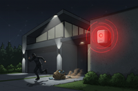 Casa con alarma y ladrón huyendo