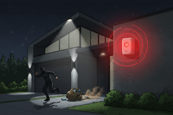 Casa con alarma y ladrón huyendo